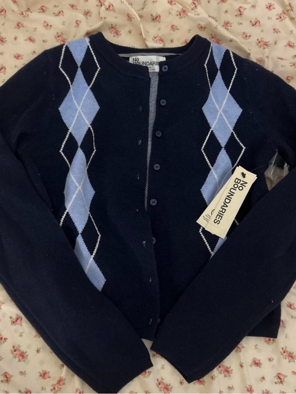 No Boundaries Navy Argyle Cardigan with Light Blue Diamonds